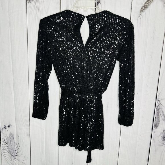 Midnight Doll Black Full Sequin Shorts Romper Tie Waist Sz XS Long Sleeve - Picture 5 of 8